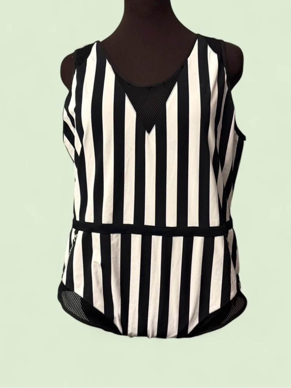 Forest Ink black, and white striped bathing suit with chains